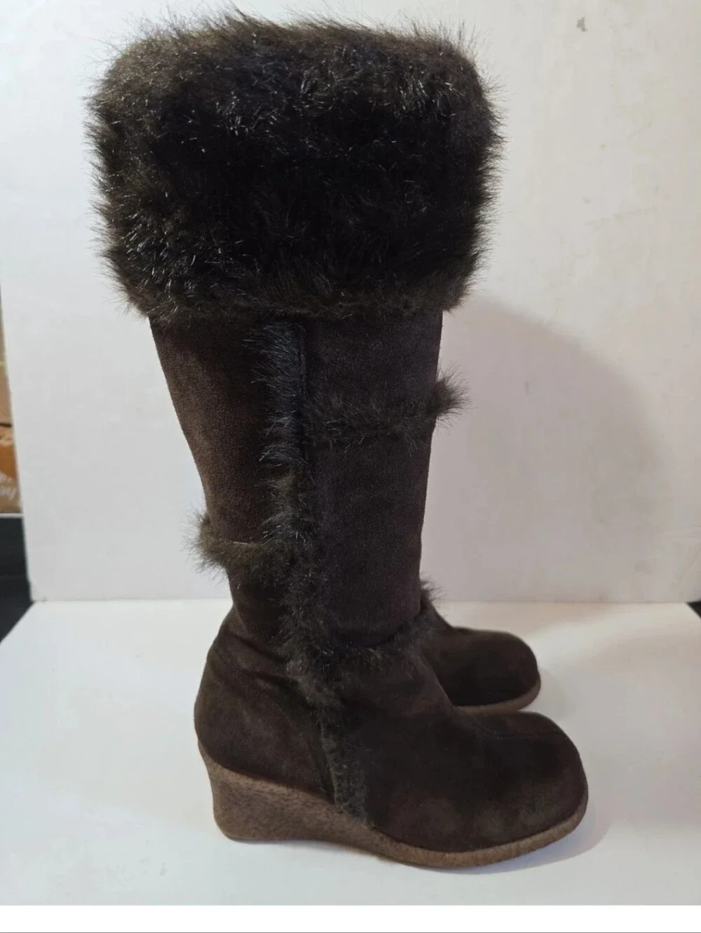 Jeffrey Campbell Faux Fur Trim Brown Women's Wedge Boots Size 10